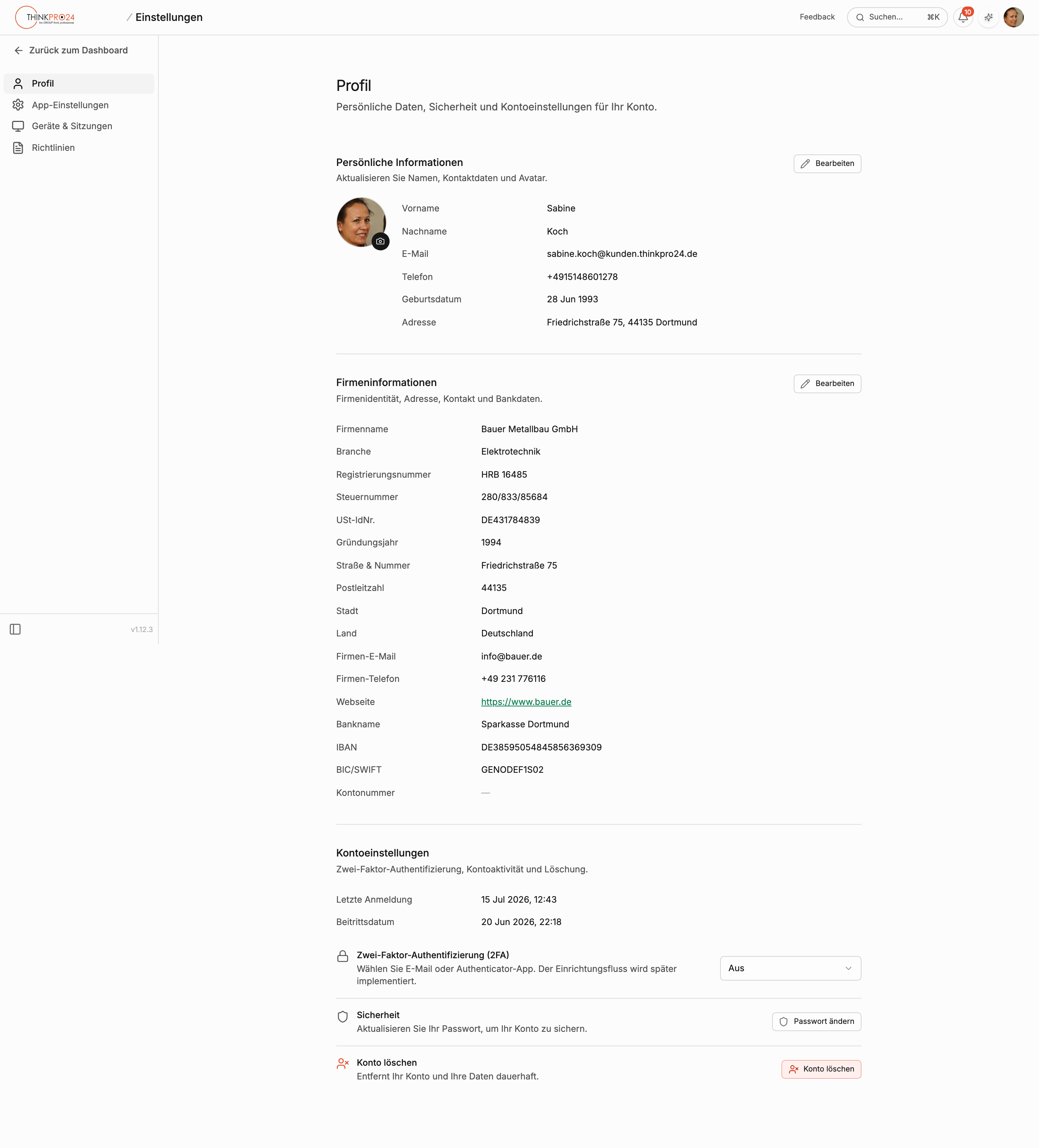 Abschnitt Kontoeinstellungen im Profil mit der Zeile Zwei-Faktor-Authentifizierung (2FA) und dem Auswahlfeld, hier auf Aus gestellt