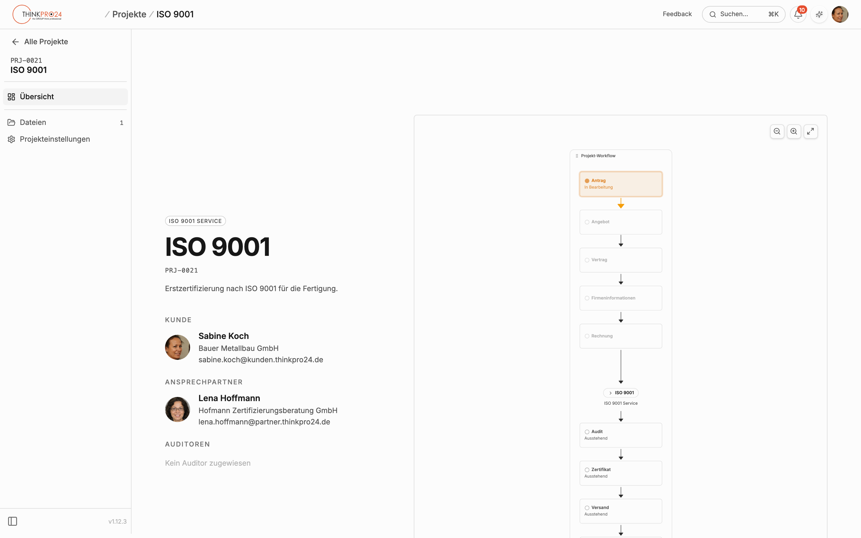 Projekt-Detailseite mit Beteiligten links und dem Workflow-Graphen rechts