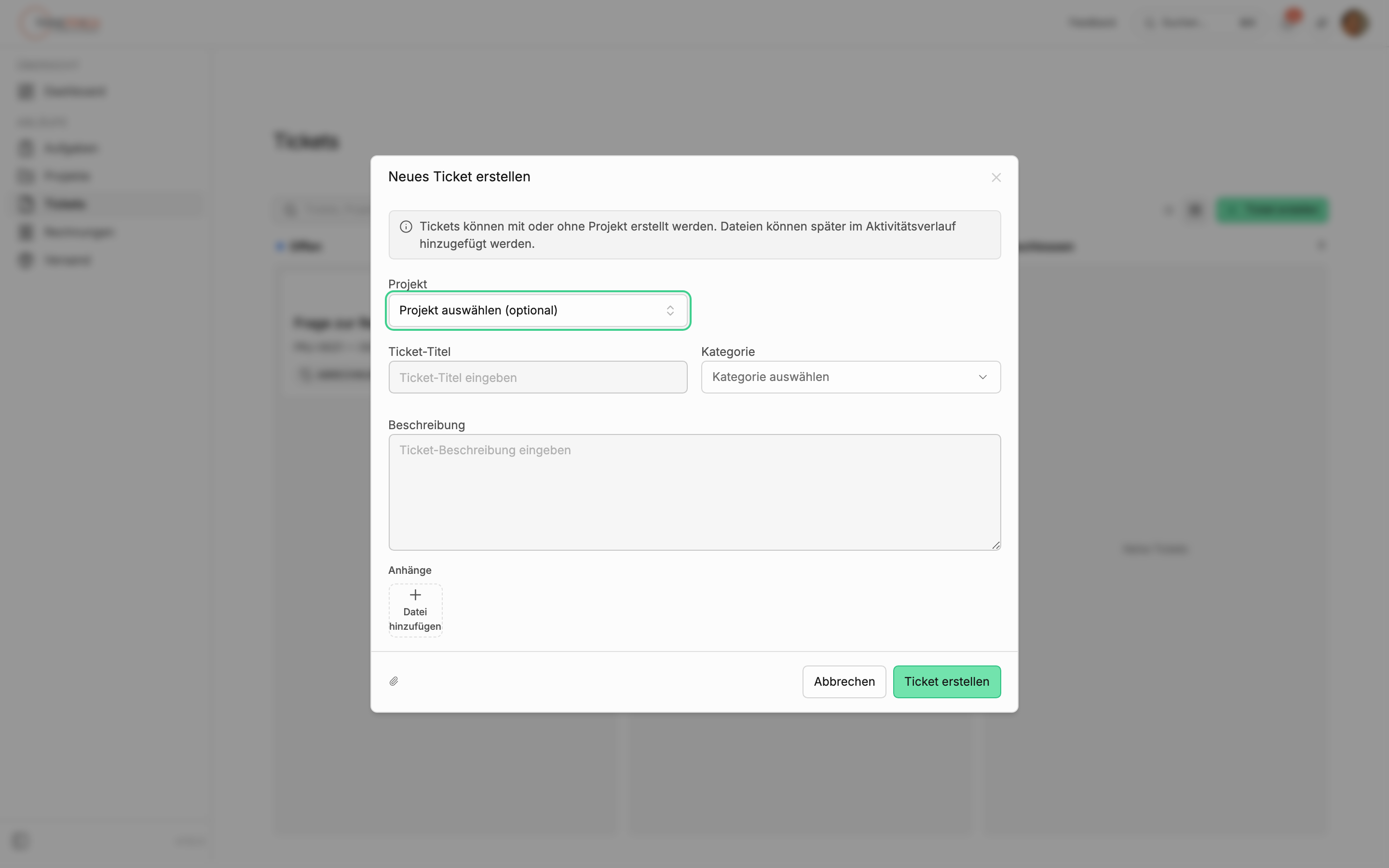 Dialog „Neues Ticket erstellen“ mit den Feldern Projekt, Ticket-Titel, Kategorie, Beschreibung und Anhänge